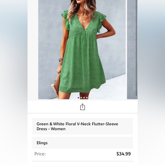 Green & White Floral V-Neck Flutter Sleeve Dress - Picture 10 of 10